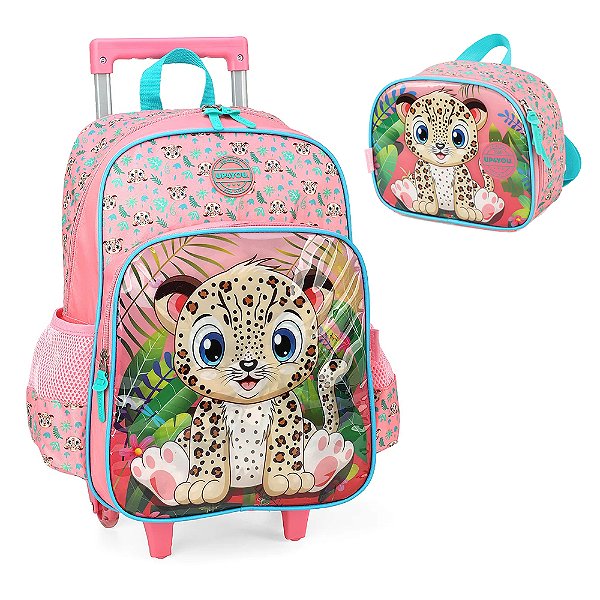 Kit Mochila de Rodinhas Lancheira Luxcel Up4You Onça Salmão