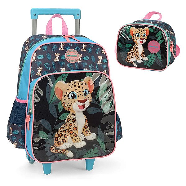 Kit Mochila de Rodinhas Lancheira Luxcel Up4You Onça Verde