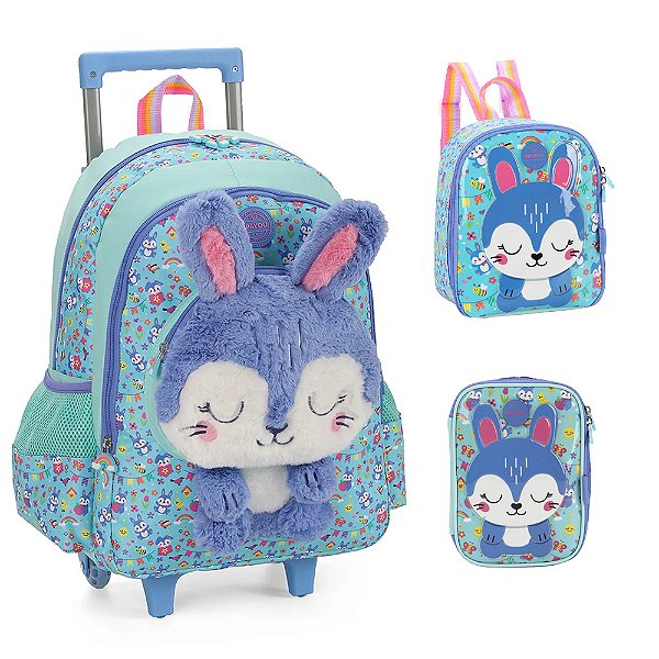 Kit Mochila Roda Lancheira Estojo Luxcel Up4You Coelho Verde