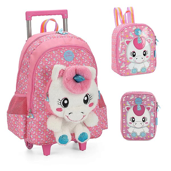 Kit Mochila Rodas Lancheira Estojo Luxcel Up4You Unicórnio