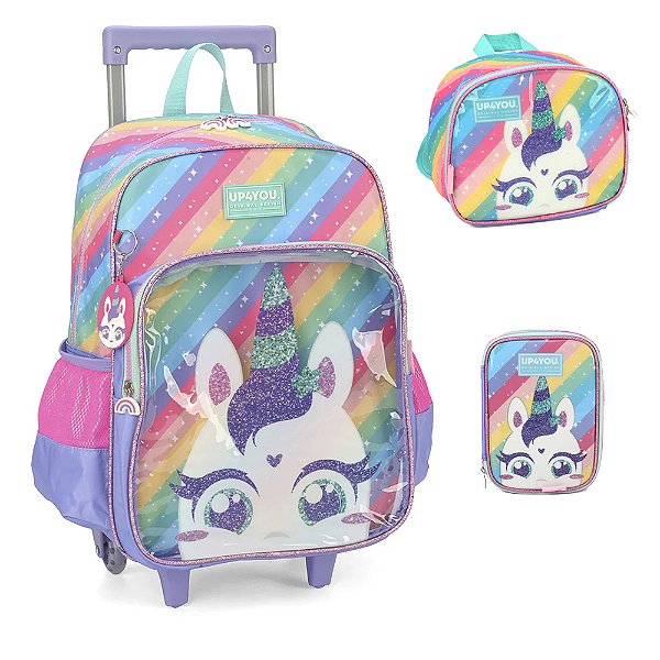 Kit Mochila Rodas Lancheira Estojo Luxcel Up4You Unicórnio