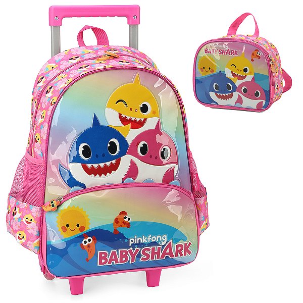Kit Mochila de Rodinhas Lancheira Luxcel Baby Shark Pink