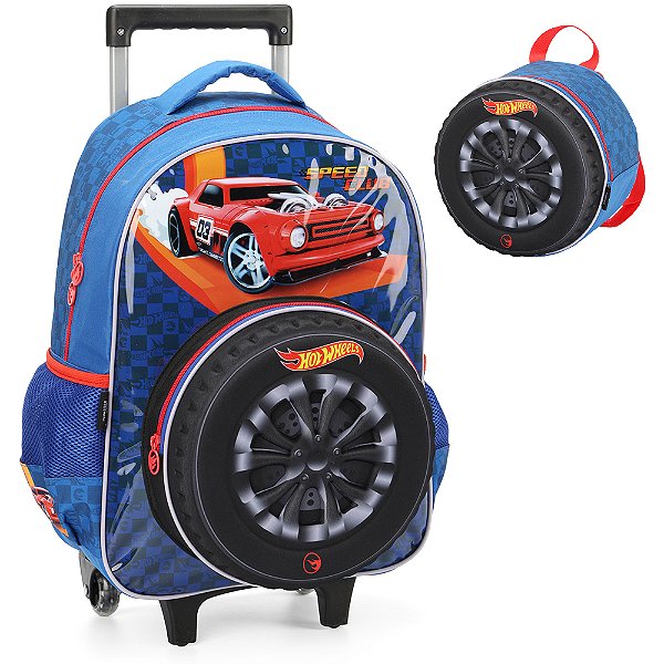 Kit Mochila de Rodinhas Lancheira Luxcel Hotwheels Azul