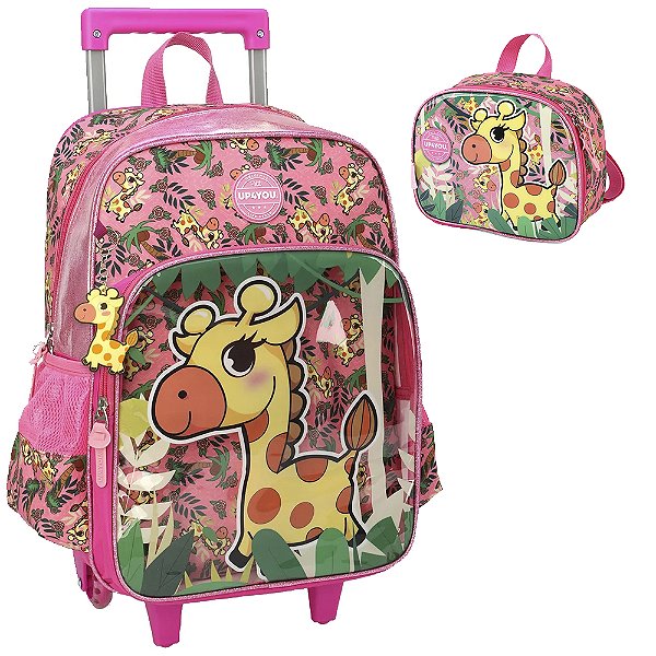 Kit Mochila Rodinhas e Lancheira Luxcel Up4You Girafa Pink