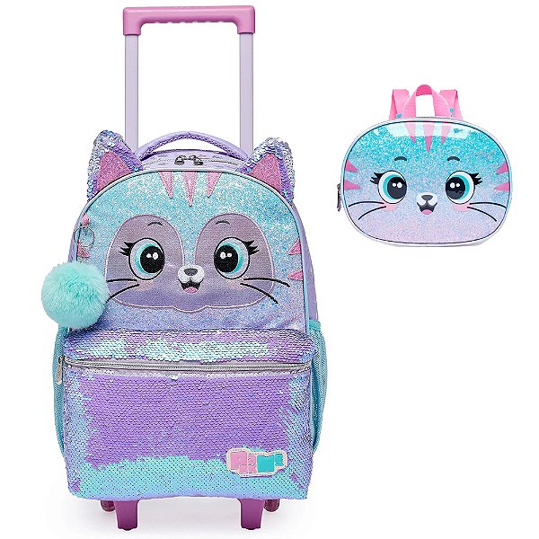 Kit Mochila de Rodinhas e  Lancheira Pack Me Cat Rosa
