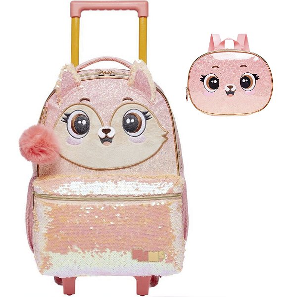 Kit Mochila de Rodinhas e Lancheira Pack Me Fox Coral