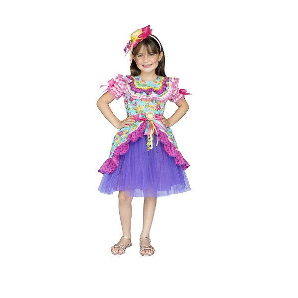 Vestido Junino Bambolê Floral Saia de Tulê e Tiara Colorido