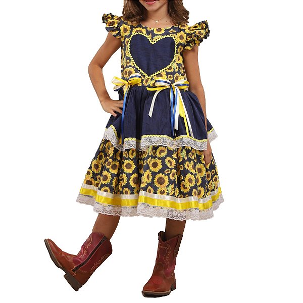 Vestido Junino Lelê Petit Coração Girassol Azul Marinho