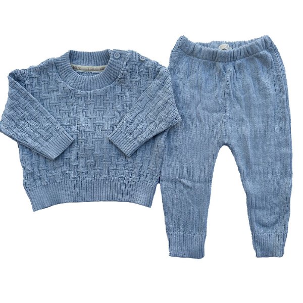 Conjunto de Tricô Théo Trabalhado Azul Claro