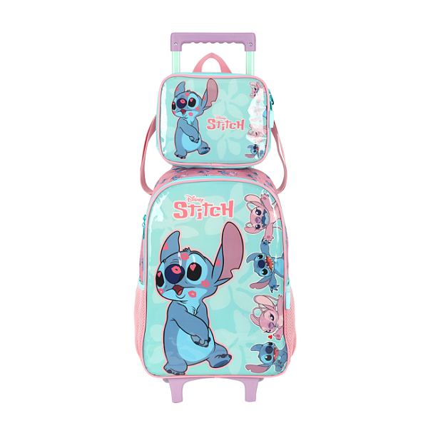 Kit Mochila de Rodinhas Lancheira Luxcel Stitch Verde