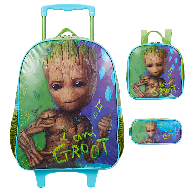 Kit Mochila de Rodinha Lancheira Estojo Xeryus Groot X Verde