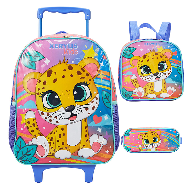 Kit Mochila de Rodinha Lancheira Estojo Xeryus Onça Colorido