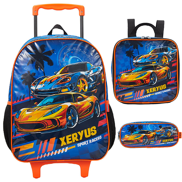 Kit Mochila de Rodinha Lancheira Estojo Xeryus Carros