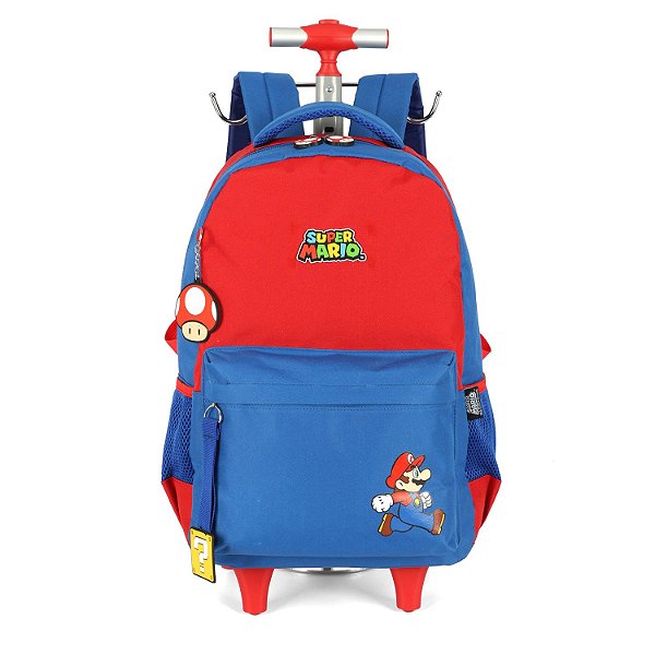 Mochila Rodinhas Com Alça Luxcel Super Mário Azul e Vermelho