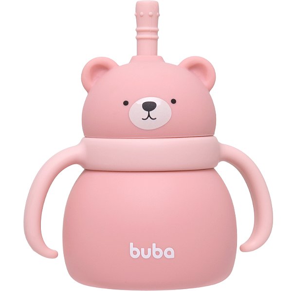 Copo de Silicone Buba Com Canudo Ursinho Rosa