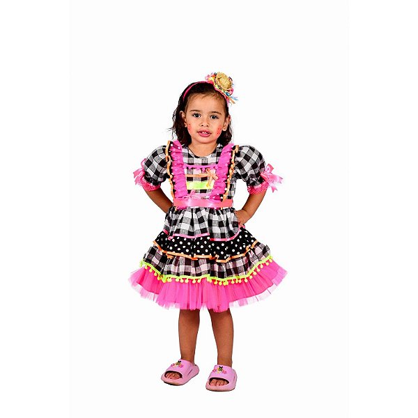 Vestido Junino Bambolê Fluor Com Babado Pink Tiara Colorido