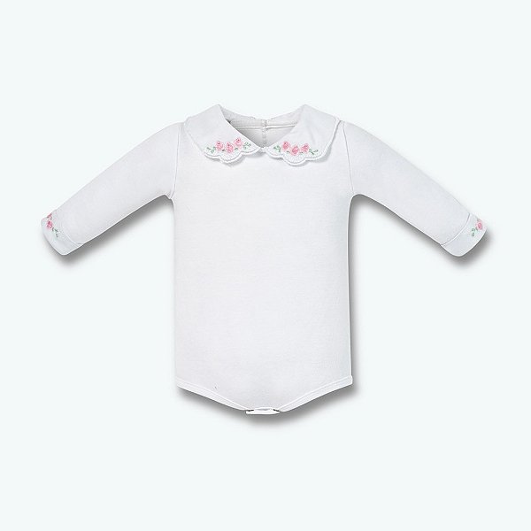 Body Longo Hug Com Gola Bordada Flores Branco