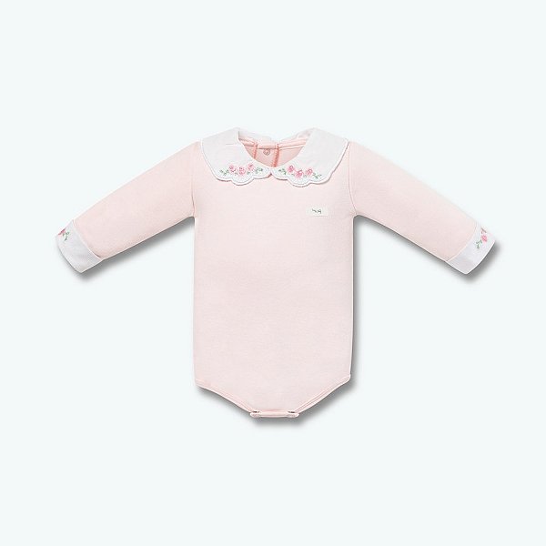 Body Longo Hug Com Gola Bordada Flores Rosa Magia