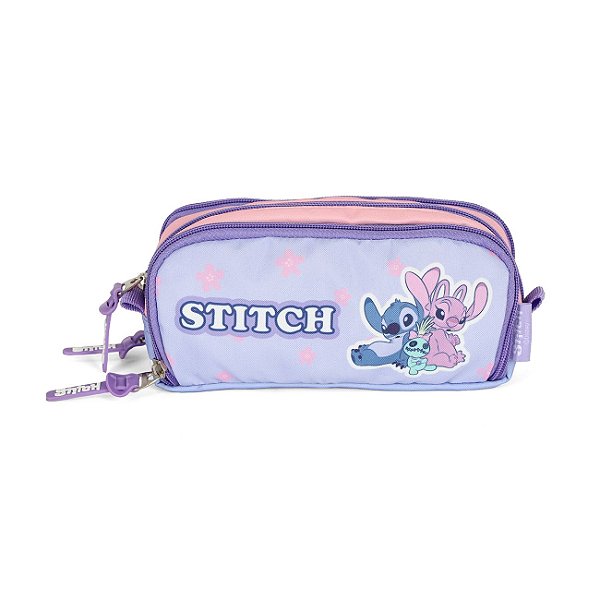 Estojo Escolar Triplo Luxcel Stitch Flores Roxo
