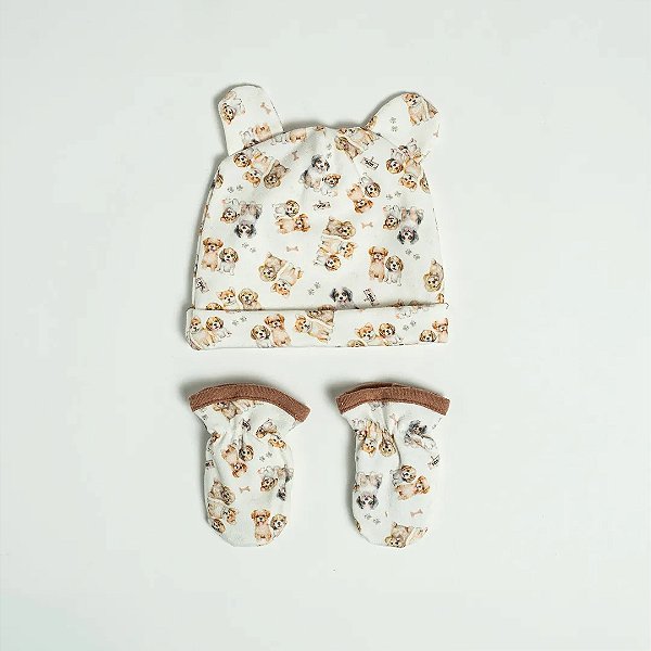 Kit Hug Touca E Luva Doguinhos Marrom Café