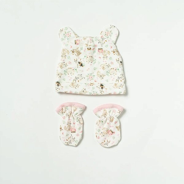 Kit Hug Touca E Luva Gatinhos Rosa Iogurte