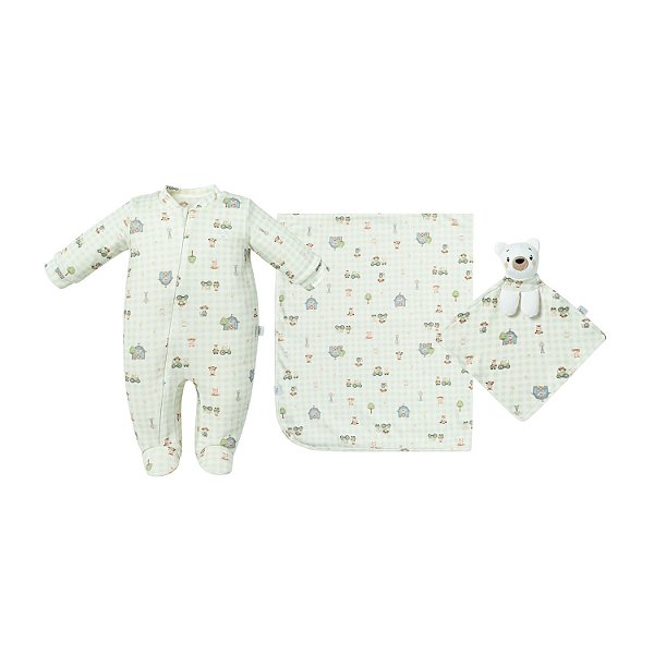 Kit Macacão Cueiro Naninha Hug Presenteável Fazendinha Verde