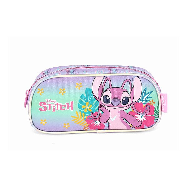 Estojo Escolar Luxcel Stitch Floral Aloha Roxo