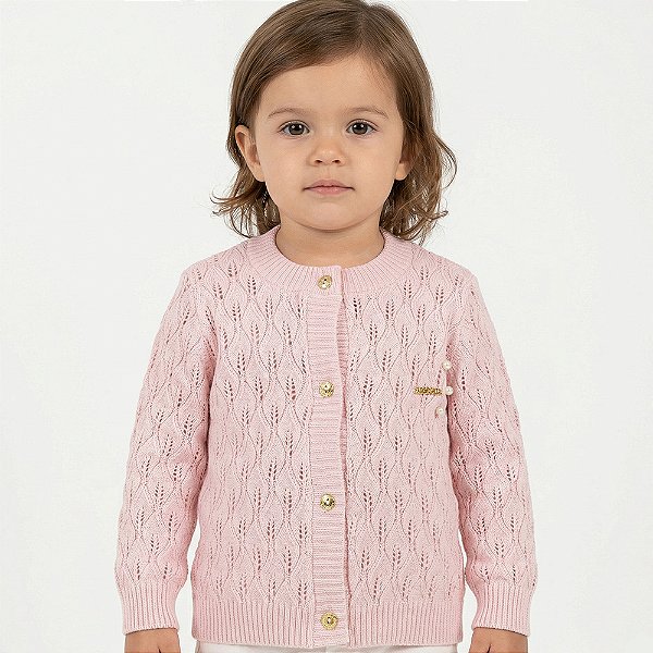 Casaco Folhas Tricô Kids Rosa Claro