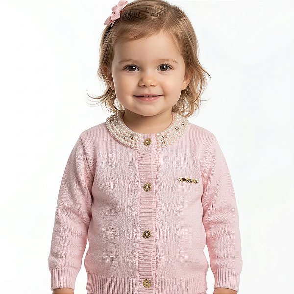 Casaco Gola Bordada Pérolas Tricô Kids Rosa Claro