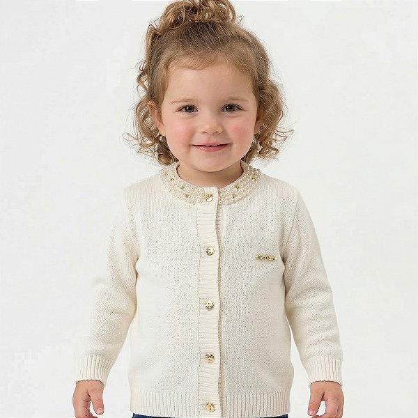 Casaco Gola Bordada Pérolas Tricô Kids Pérola Off White