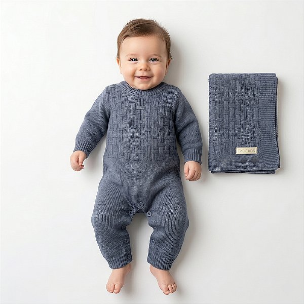 Kit Macacão e Manta Tricô Kids Quadriculada Azul Mescla