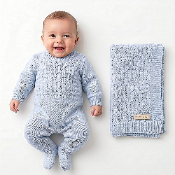 Kit Macacão e Manta Tricô Kids Quadriculada Azul Claro