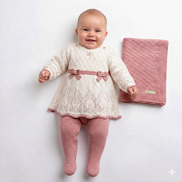 Kit Macacão e Manta Tricô Kids Com Vestido Bordado Rose