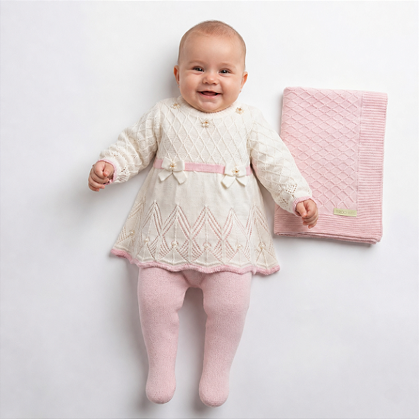 Kit Macacão Manta Tricô Kids Com Vestido Bordado Rosa Claro