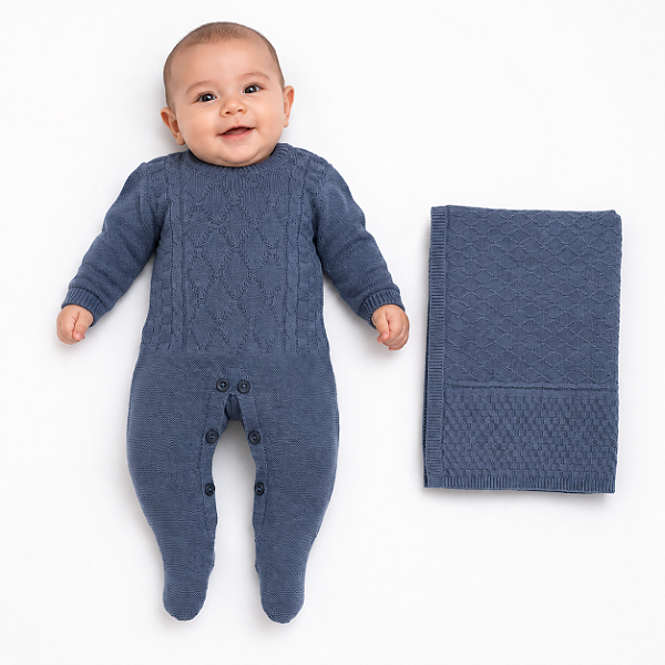 Kit Macacão e Manta Tricô Kids Trança Losango Quadrado Azul