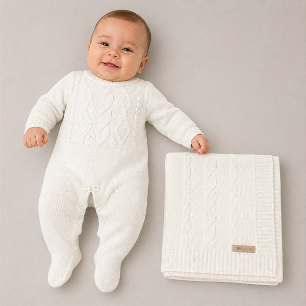 Kit Macacão e Manta Tricô Kids Trança Assimétrica Branco