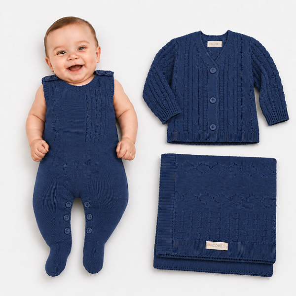 Kit Macaquinho Casaco e Manta Tricô Kids Trançado Azul Mescla