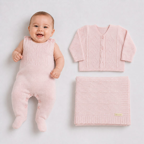 Kit Macaquinho Casaco e Manta Tricô Kids Trança Losango Rosa