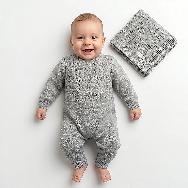Kit Macacão e Manta Tricô Kids Losango Embutido Cinza