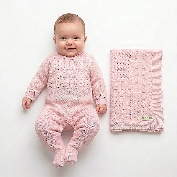 Kit Macacão e Manta Tricô Kids Trabalhada Anel Rosa Claro