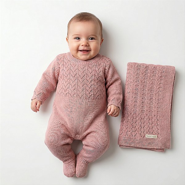 Kit Macacão e Manta Tricô Kids Trabalhada Anel Rosa Antigo