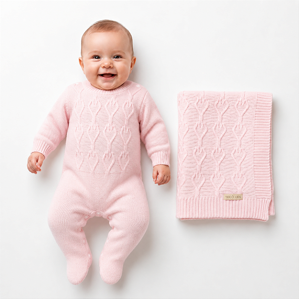 Kit Macacão e Manta Tricô Kids Trabalhada Corações Rosa