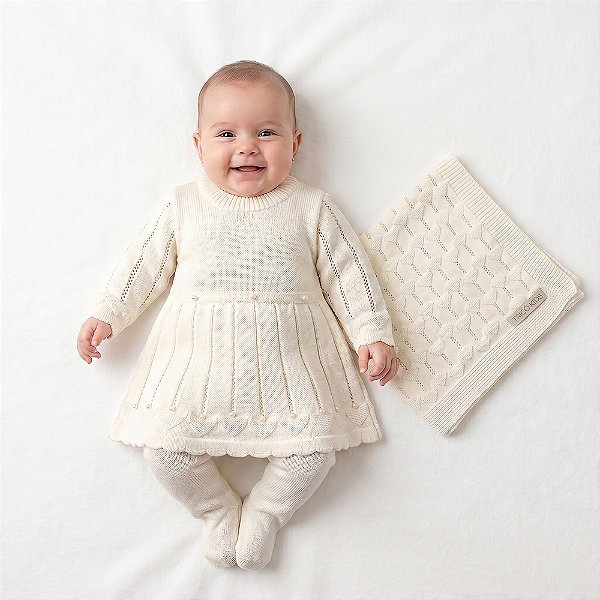 Kit Macacão e Manta Tricô Kids Com Vestido Coração Pérola