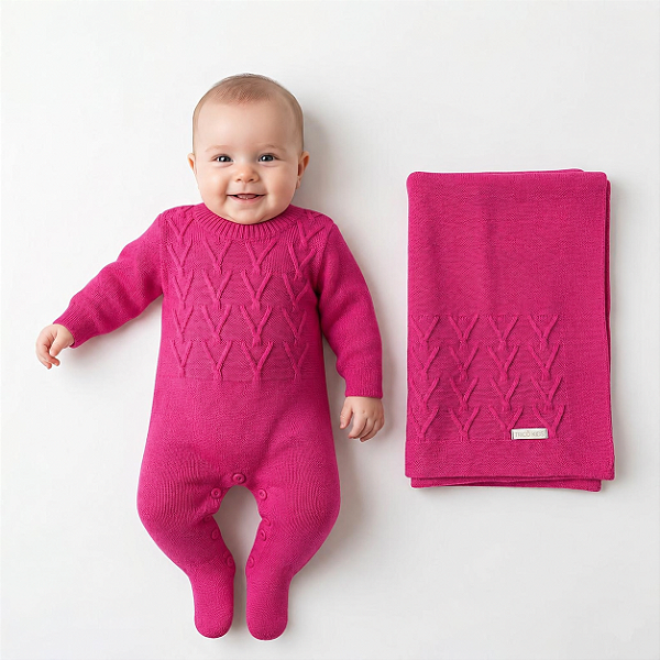 Kit Macacão e Manta Tricô Kids Trabalhada Rosa Forte