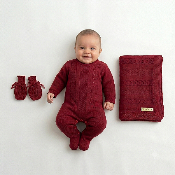 Kit Macacão Luva e Manta Tricô Kids Trabalhada Vermelho