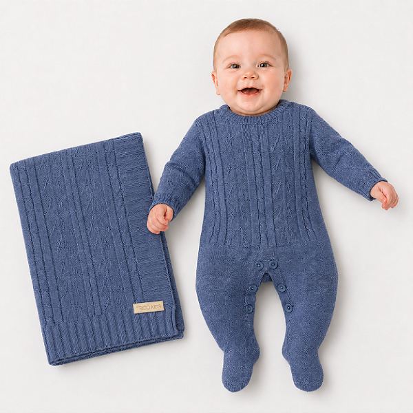 Kit Macacão e Manta Tricô Kids Trançada Canelada Azul Jeans
