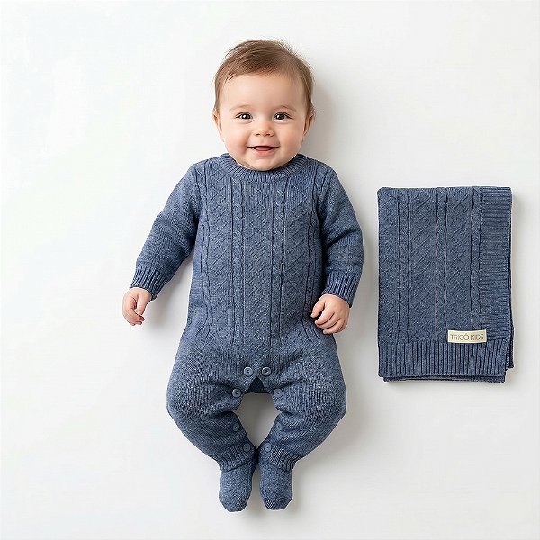 Kit Macacão e Manta Tricô Kids Trança e Losangos Azul Mescla