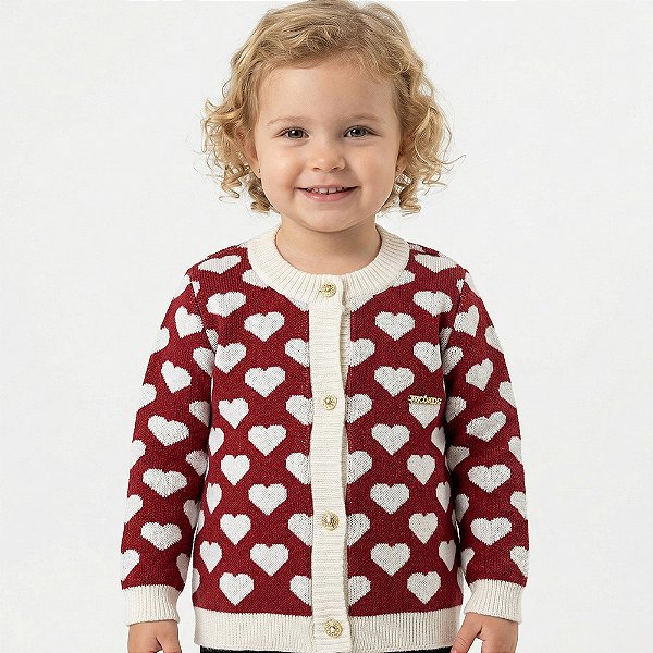 Casaco Corações Jacquard Tricô Kids Vermelho e Branco