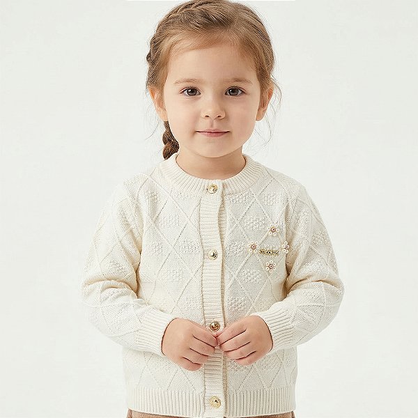 Casaco Losango Trabalhado Tricô Kids Pérola Off White