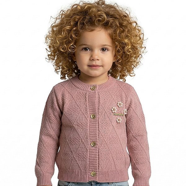 Casaco Losango Trabalhado Tricô Kids Rosa Antigo Rose